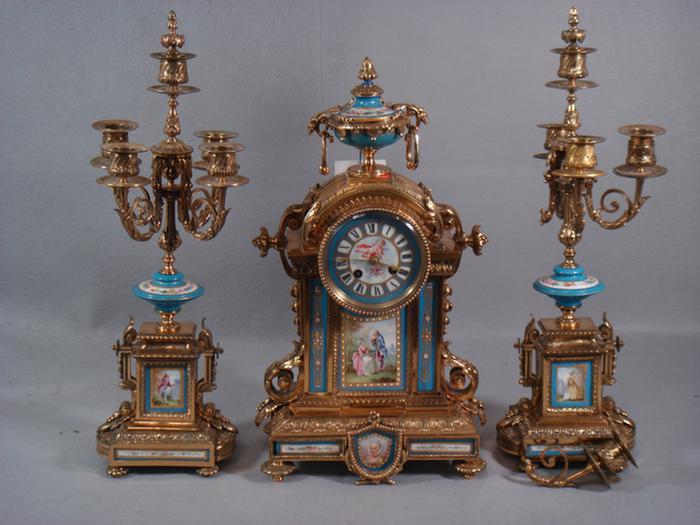 3 pc gilt bronze French clock set