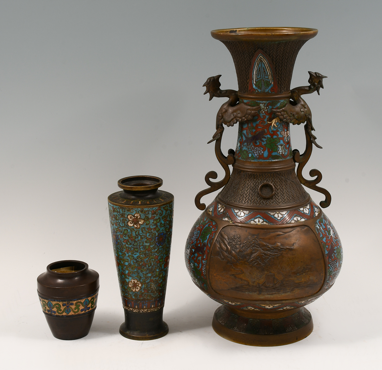 3 PC. JAPANESE CHAMPLEVE VASES: