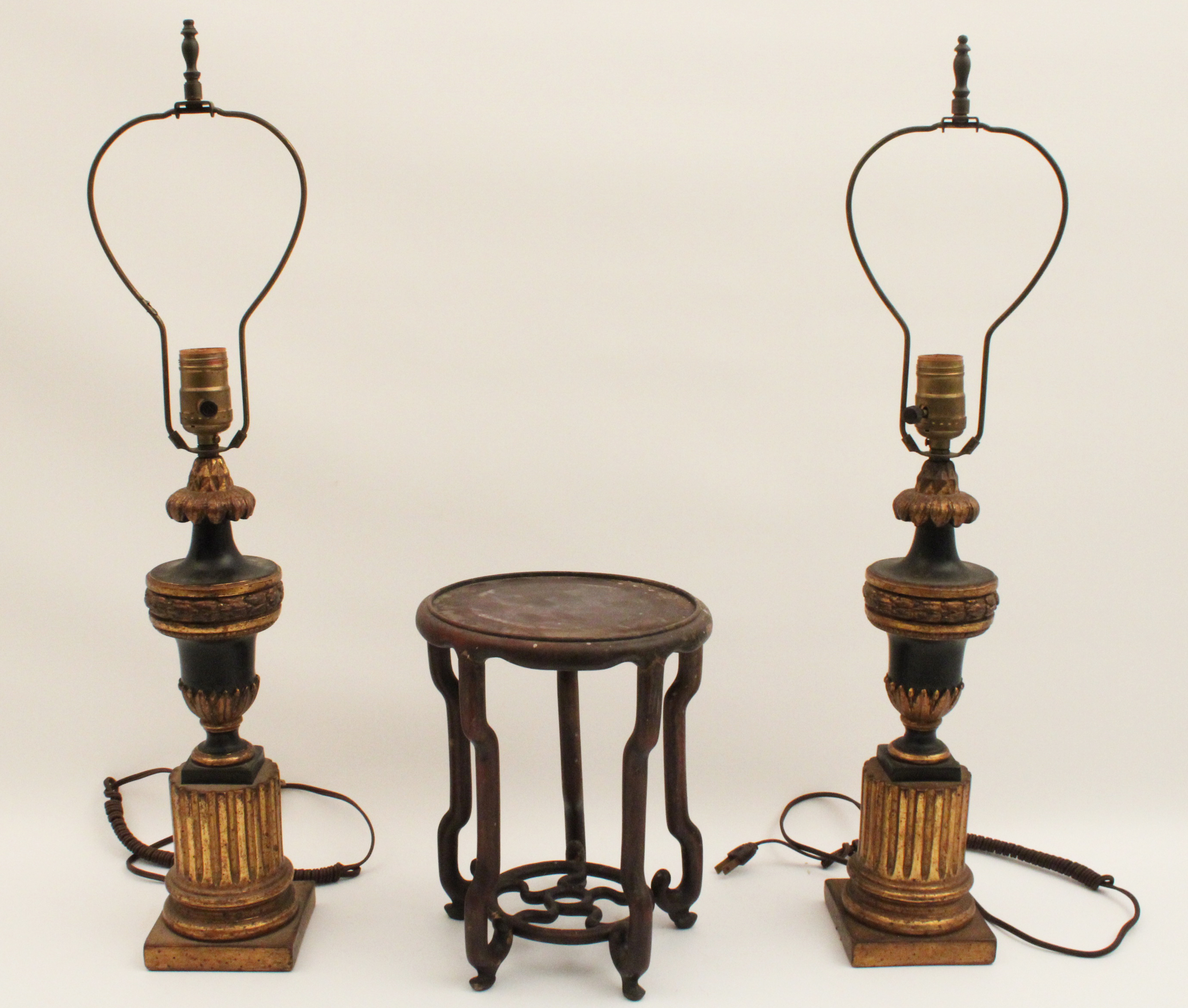 3 PC LOT;  PR OF LAMPS AND TEAKWOOD