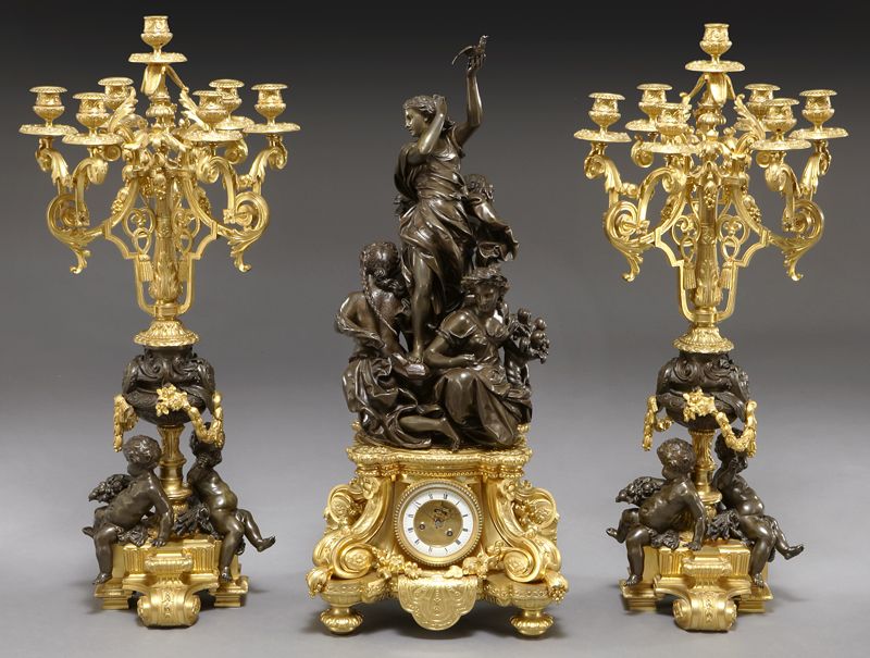3 Pc. Louis XV style bronze clock