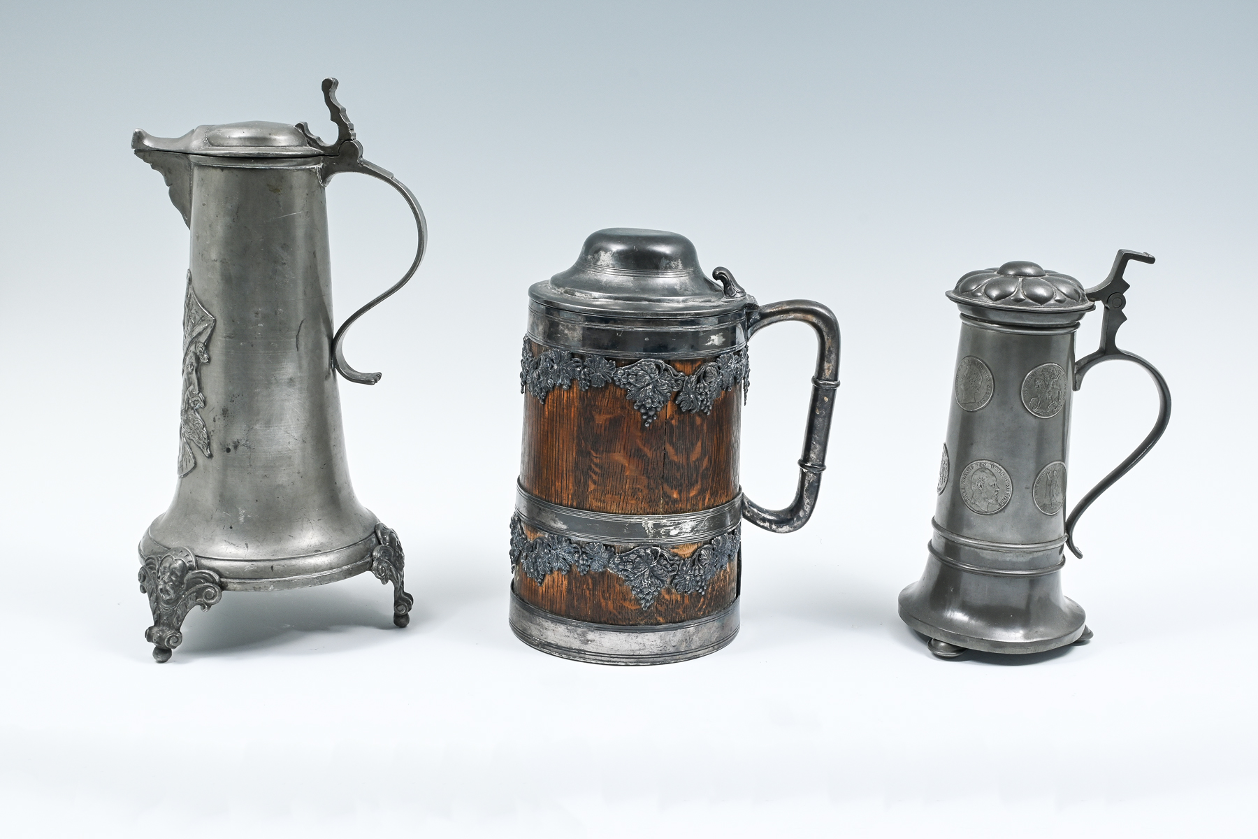 3 PC. PEWTER & WOOD STEIN