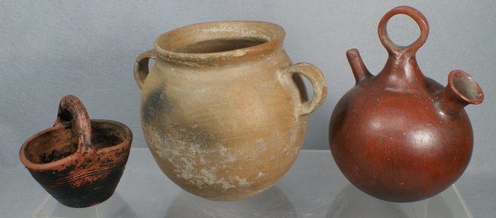 3 pcs glazed pottery, red handled