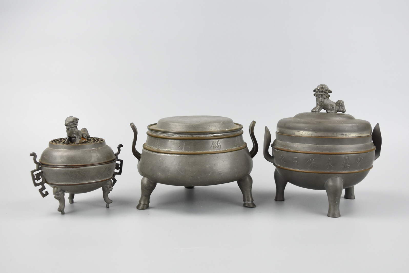 3 PEWTER ARCHAISTIC TRIPOD CENSER &