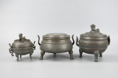 3 PEWTER ARCHAISTIC TRIPOD CEN