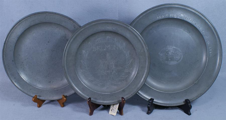 (3) pewter chargers, (1) by