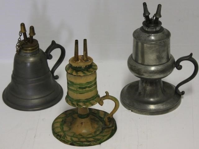 3 PEWTER WHALE OIL LAMPS.  2 WITH