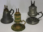 3 PEWTER WHALE OIL LAMPS.  2 W