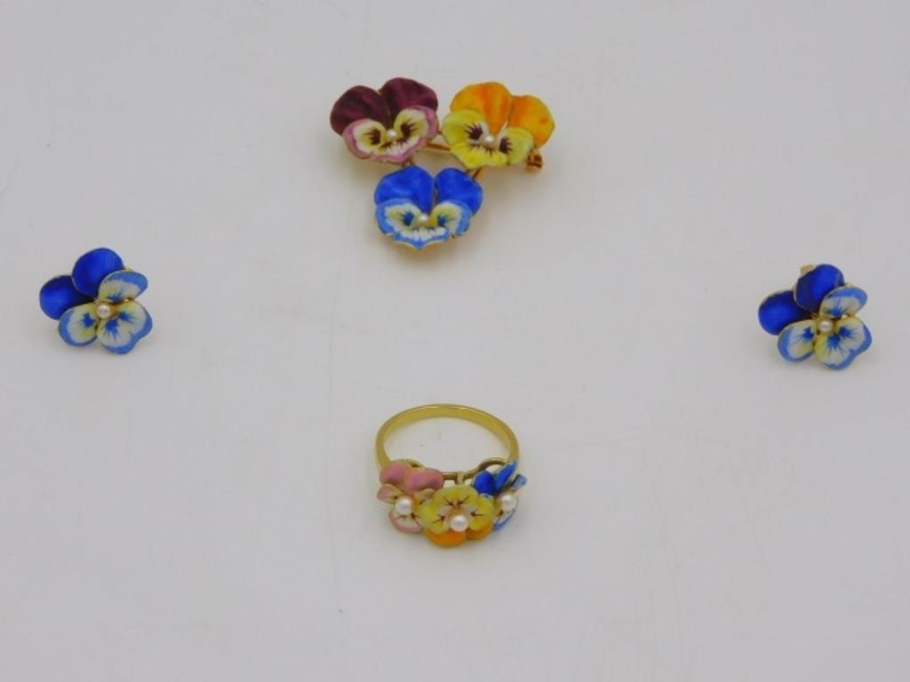 3 PIECE 14KT. GOLD SET, ENAMEL