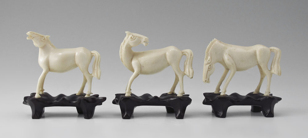 3 PIECE CARVED IVORY HORSES: Set of
