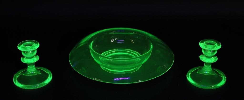 3 PIECE URANIUM GLASS CONSOLE