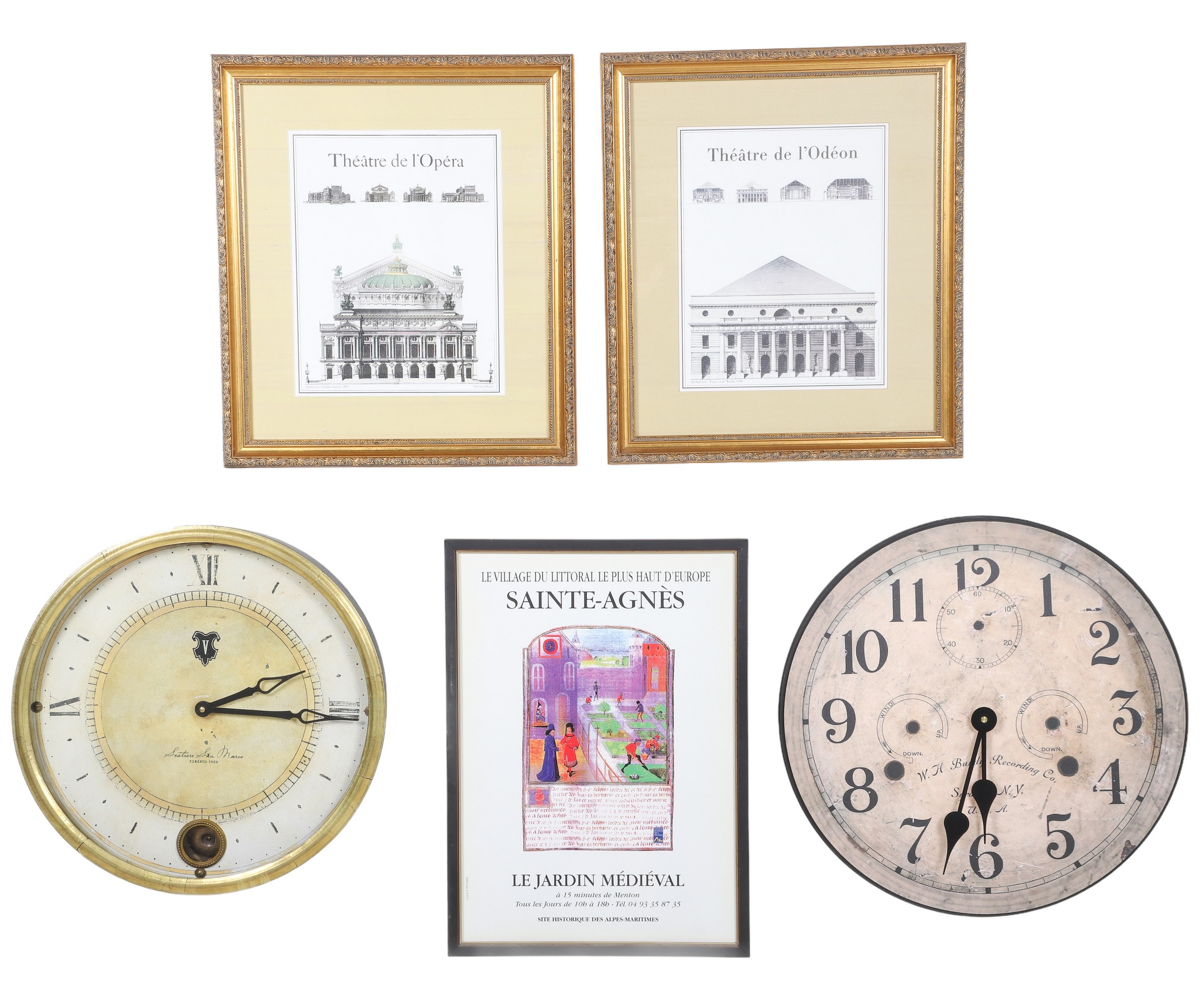 (3) Posters & (2) wall clocks,