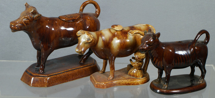 (3) Rockingham cow creamers, 2 with