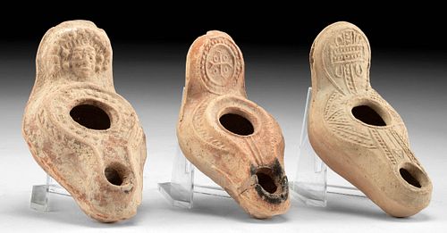 3 ROMAN POTTERY OIL LAMPS W/ RELIEF