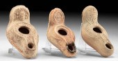 3 ROMAN POTTERY OIL LAMPS W/ R