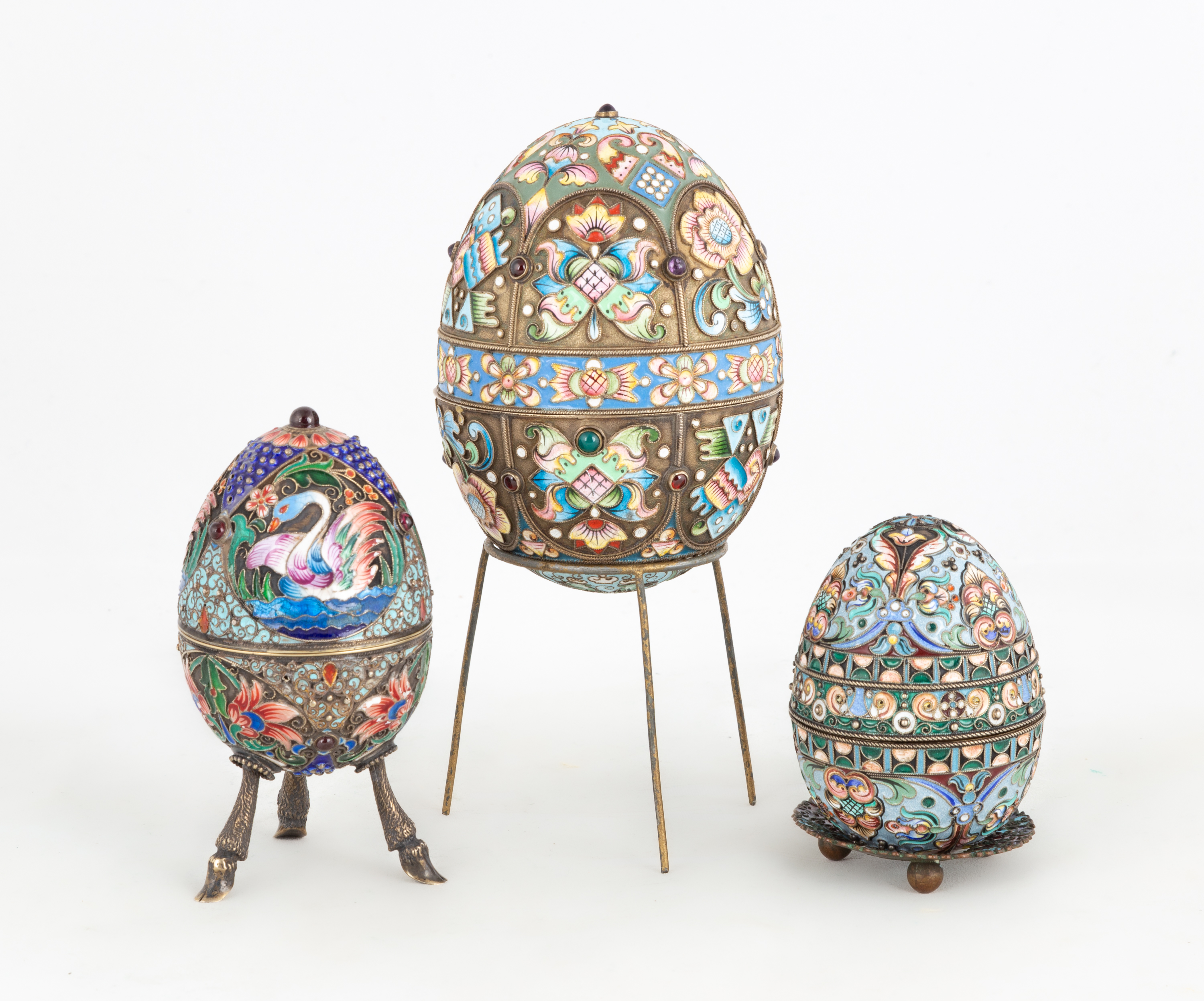 (3) RUSSIAN ENAMELED SILVER EGGS