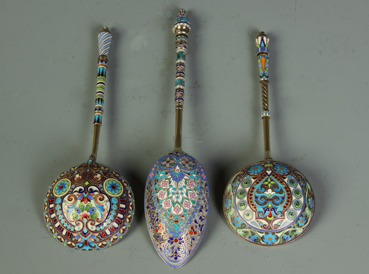3 Russian Enameled Spoons 3 Russian