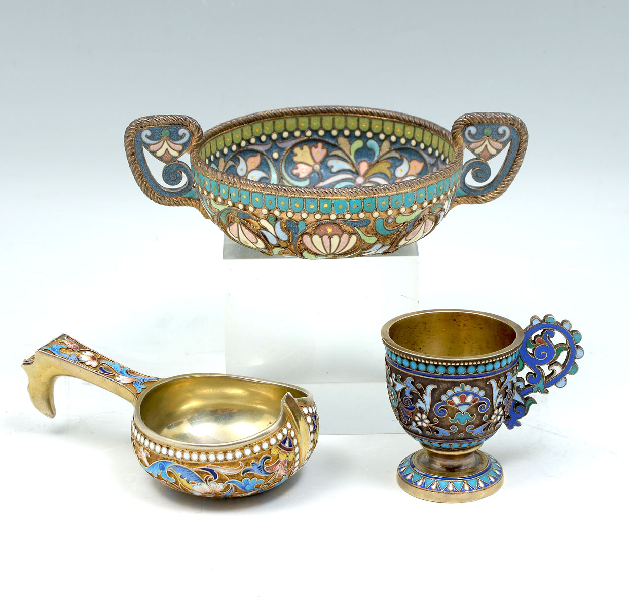3 RUSSIAN SILVER & CLOISONNE