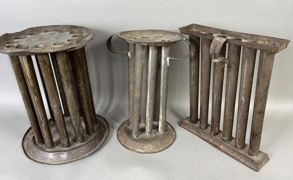 3 RUSTIC TIN CANDLEMOLDS CA. 19TH