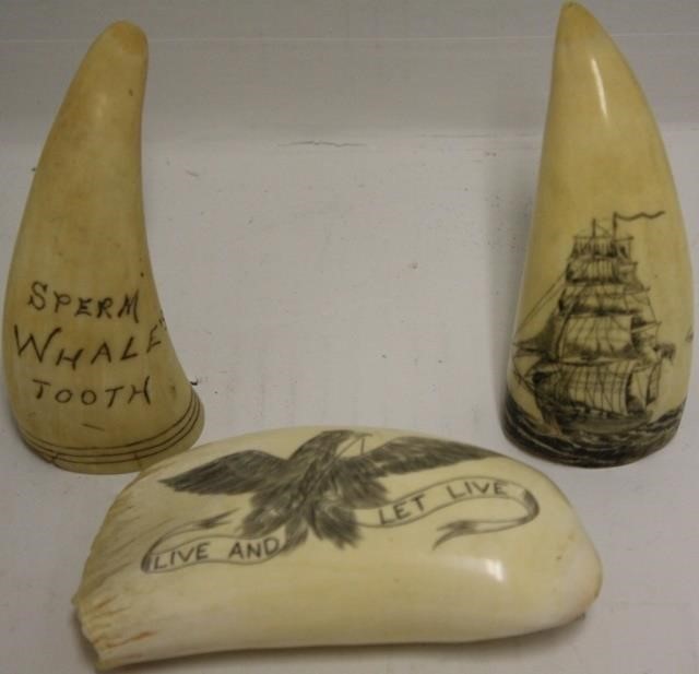 3 SCRIMSHAW WHALES TEETH, 20TH C TO
