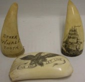 3 SCRIMSHAW WHALES TEETH, 20TH