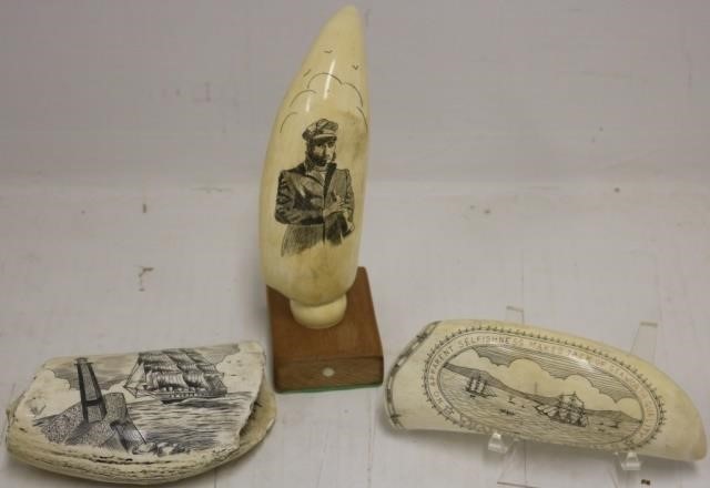 3 SCRIMSHAW WHALE'S TEETH, LATE