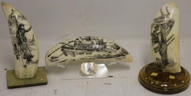3 SCRIMSHAW WHALE'S TEETH, LATE