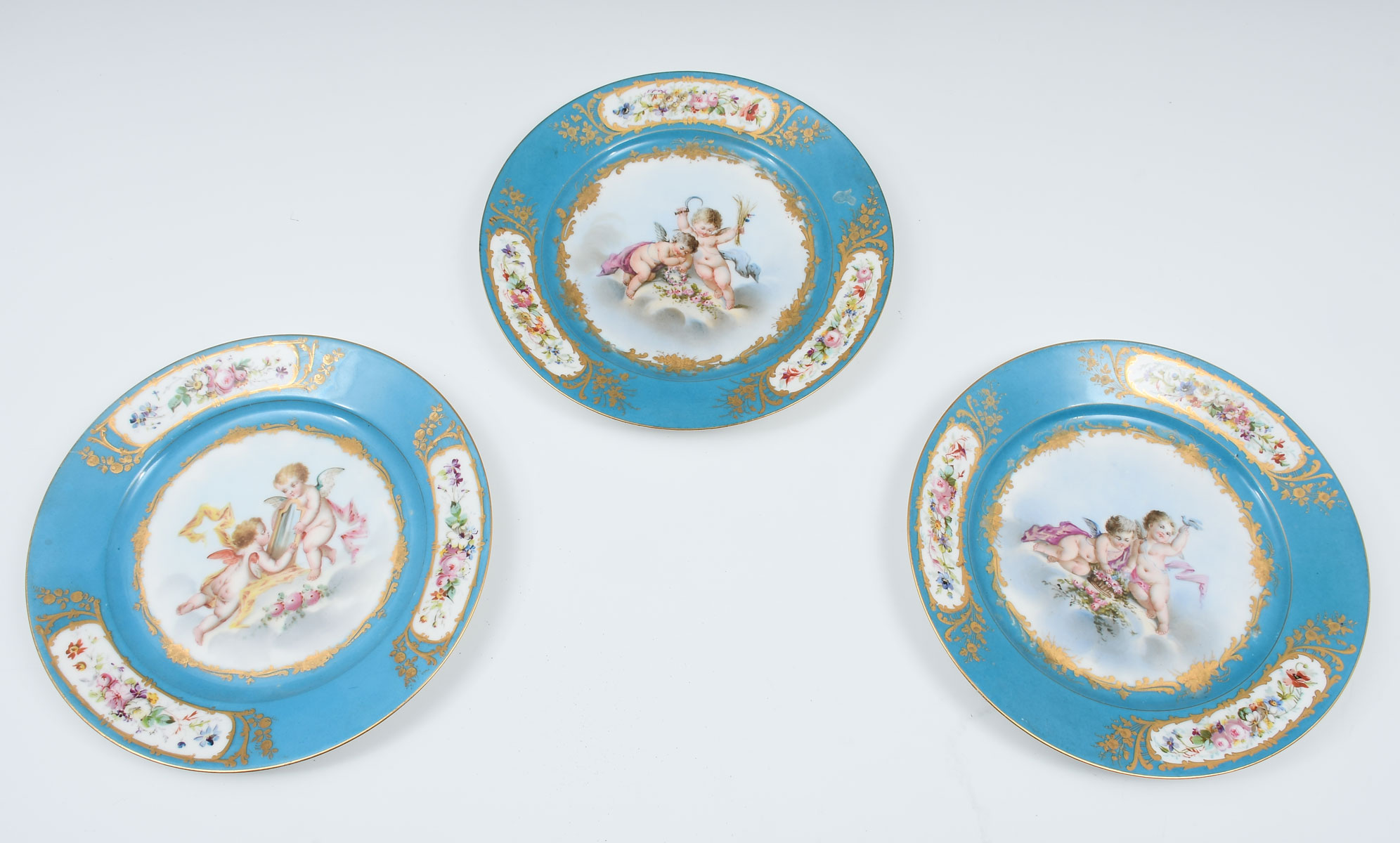 3 SEVRES STYLE CHERUB PLATES: 3