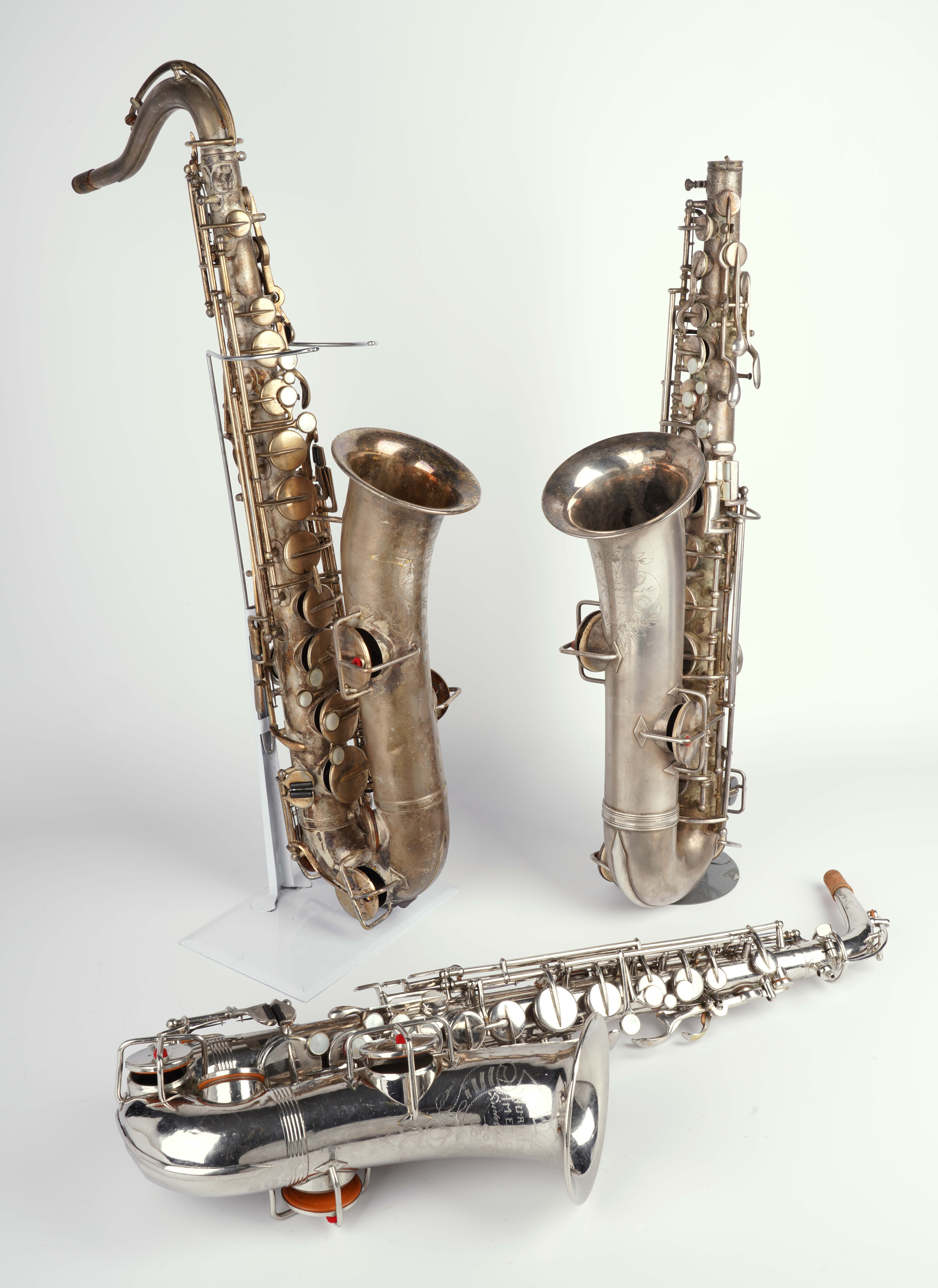 (3) Silver plate saxophones, c/o