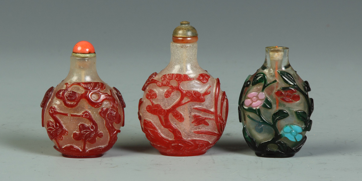 3 Snuff Bottles w/Floral & Bird