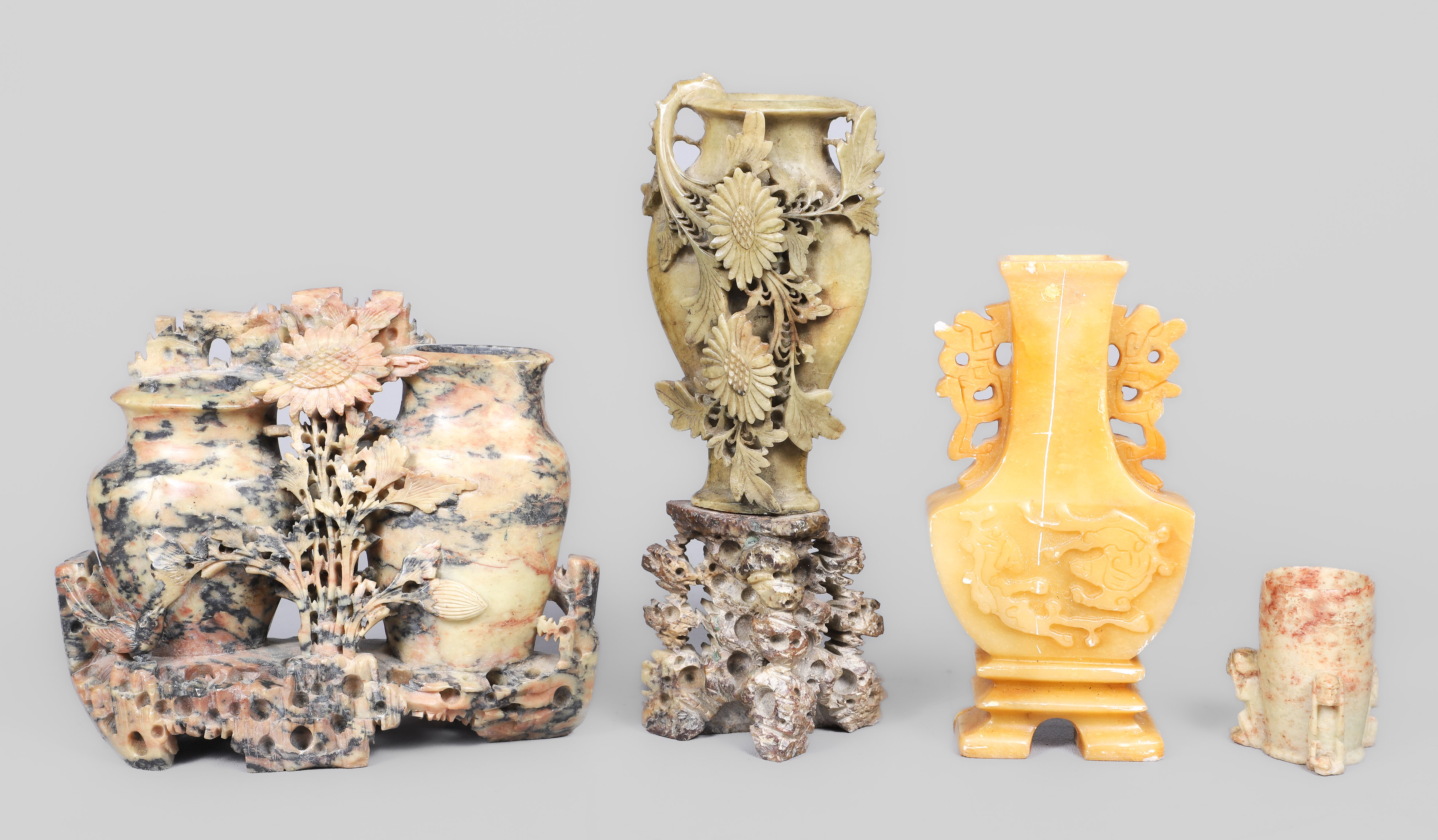 (3) Soapstone carved vessels,