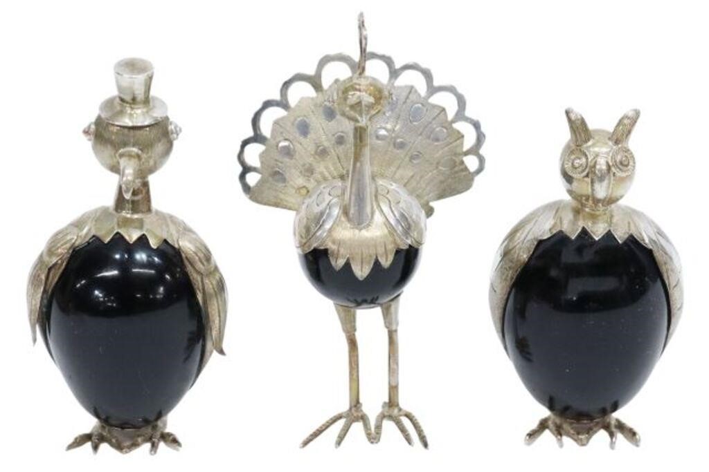 (3) STERLING & ONYX BIRD FIGURES,