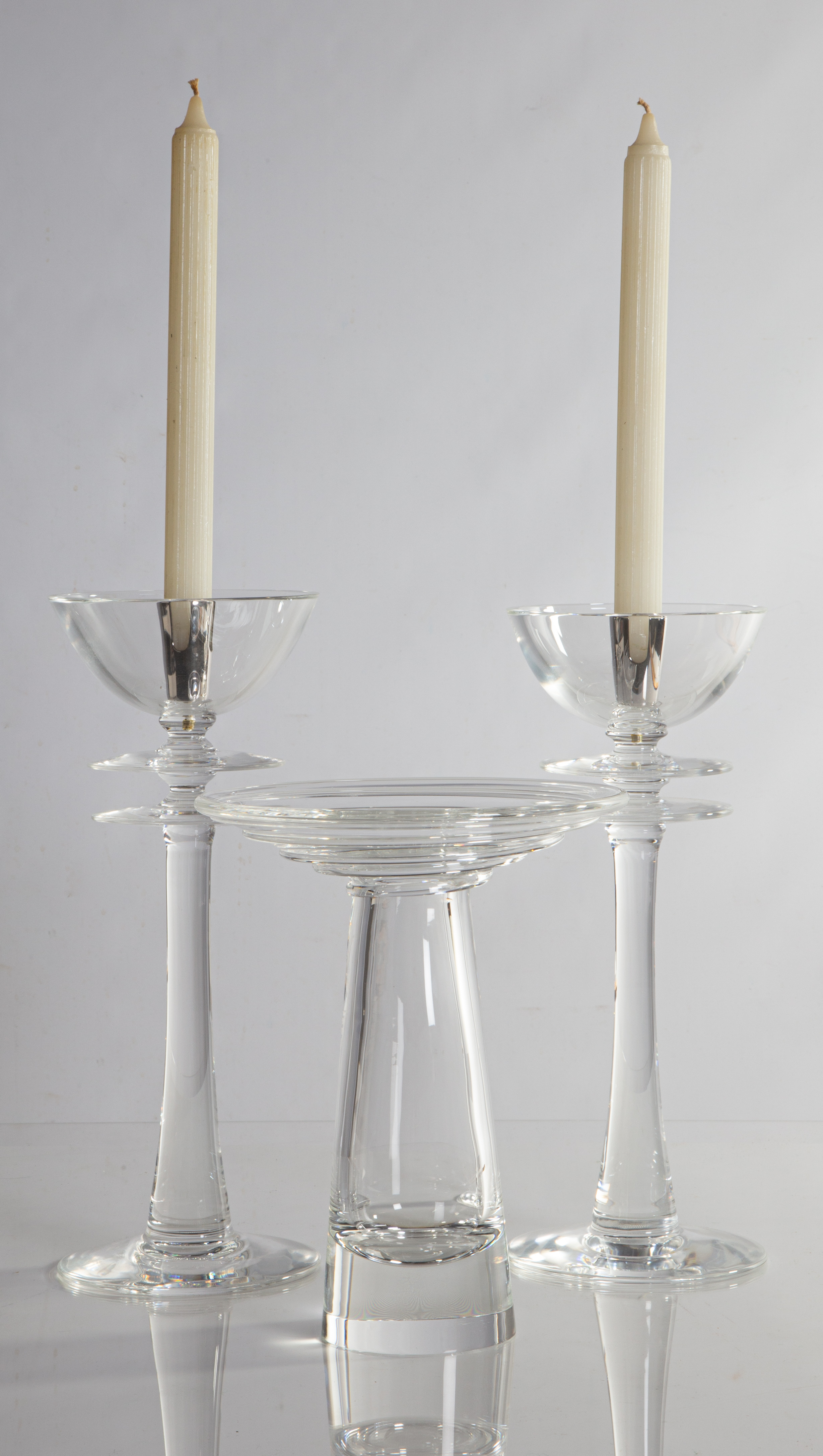 (3) STEUBEN CANDLESTICKS &