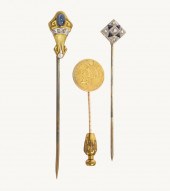 3 STICK PINS IN GOLD, DIAMOND