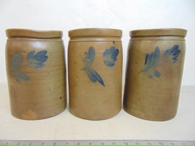 3 STONEWARE CROCKS WITH BLUE FLORAL