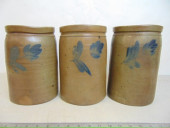 3 STONEWARE CROCKS WITH BLUE F