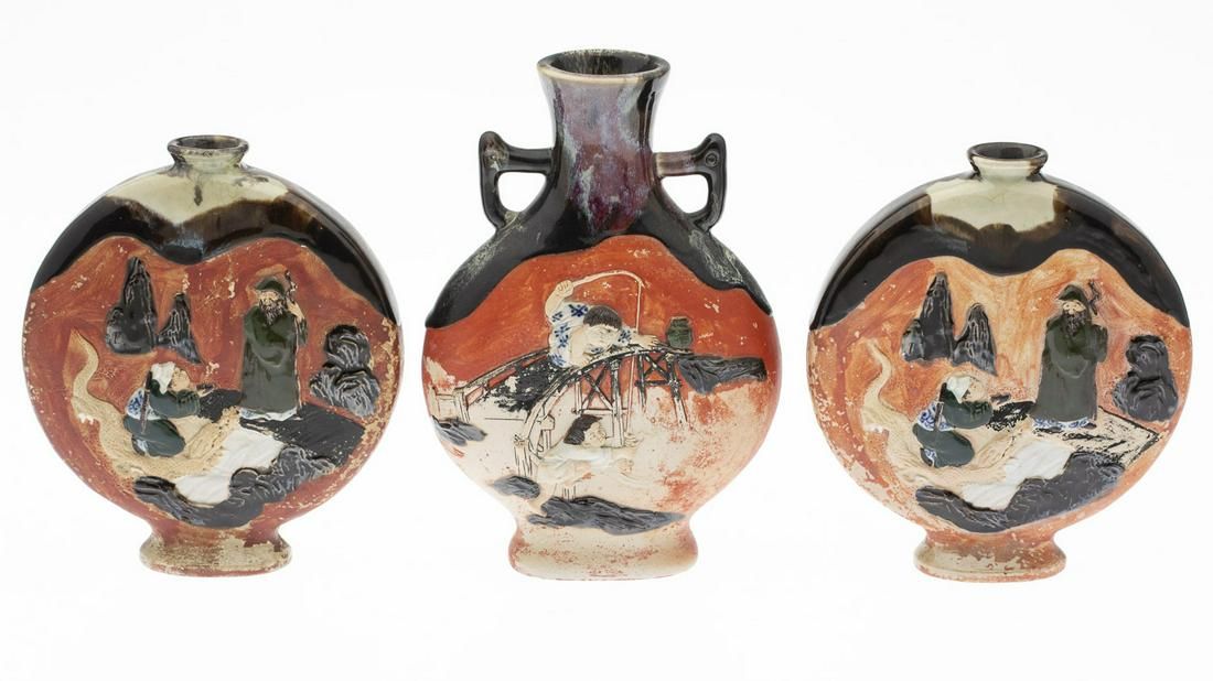 3 SUMIDA GAWA POTTERY VASES3 Sumida