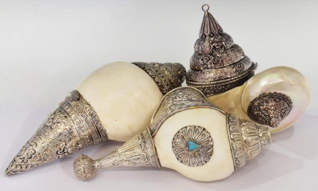 (3) TIBETAN SILVER MOUNTED CONCH