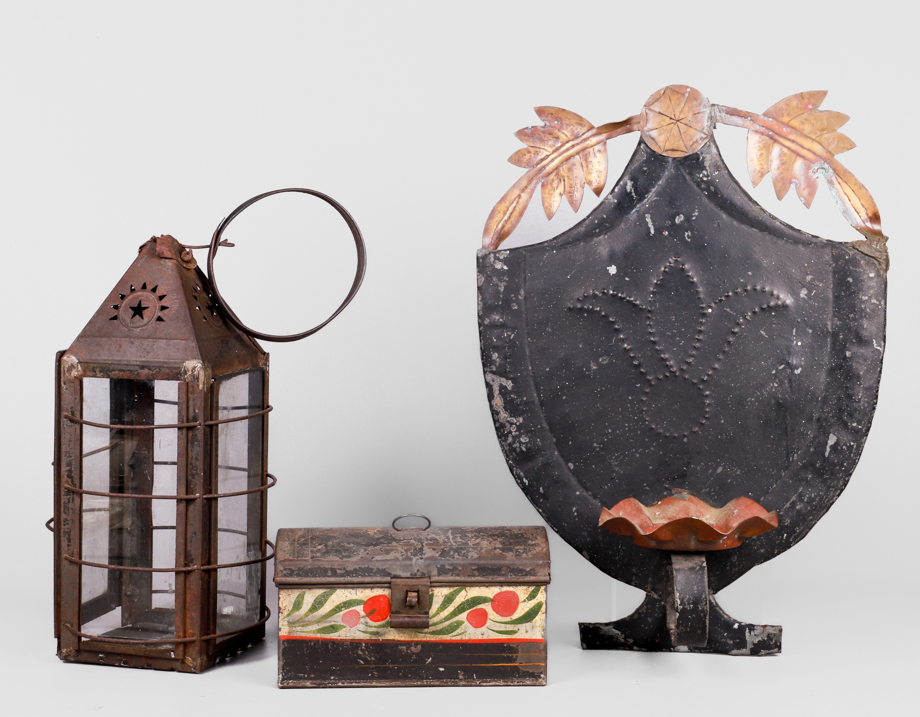 (3) Tin lantern, sconce and box