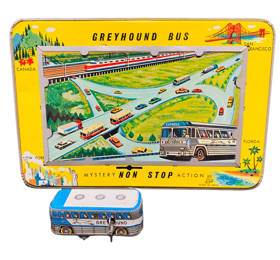 3 TIN TOYS-VESPA SCOOTER, GREYHOUND