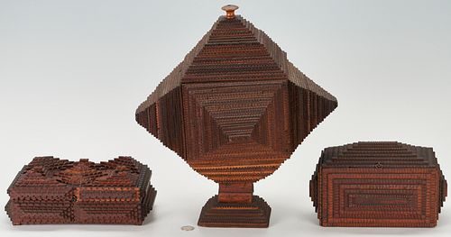 3 TRAMP ART CARVED WOODEN