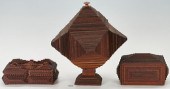 3 TRAMP ART CARVED WOODEN BOXE