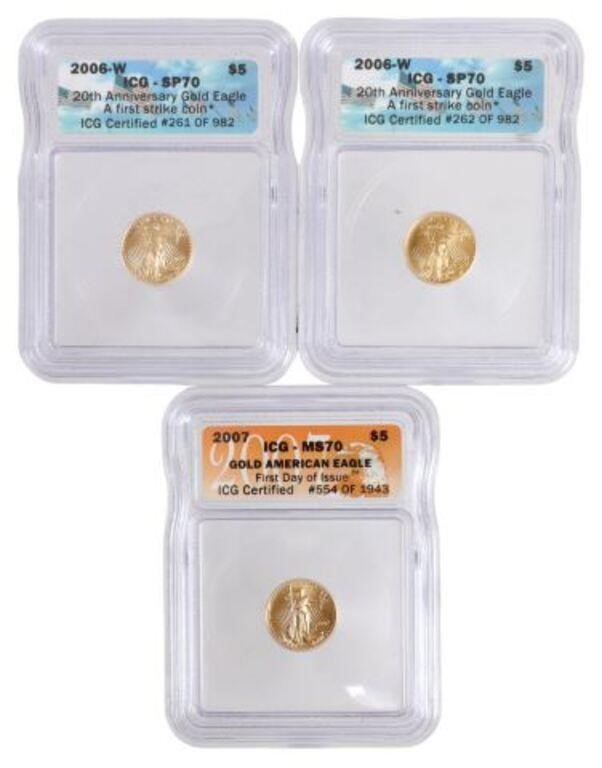 (3) US LIBERTY $5 GOLD SP70 20TH