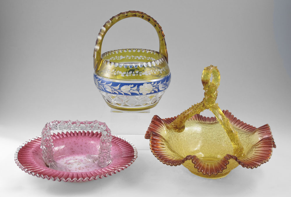 3 VICTORIAN ART GLASS AND