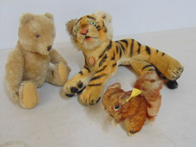 3 VINTAGE STEIFF ANIMALS, TIGER,