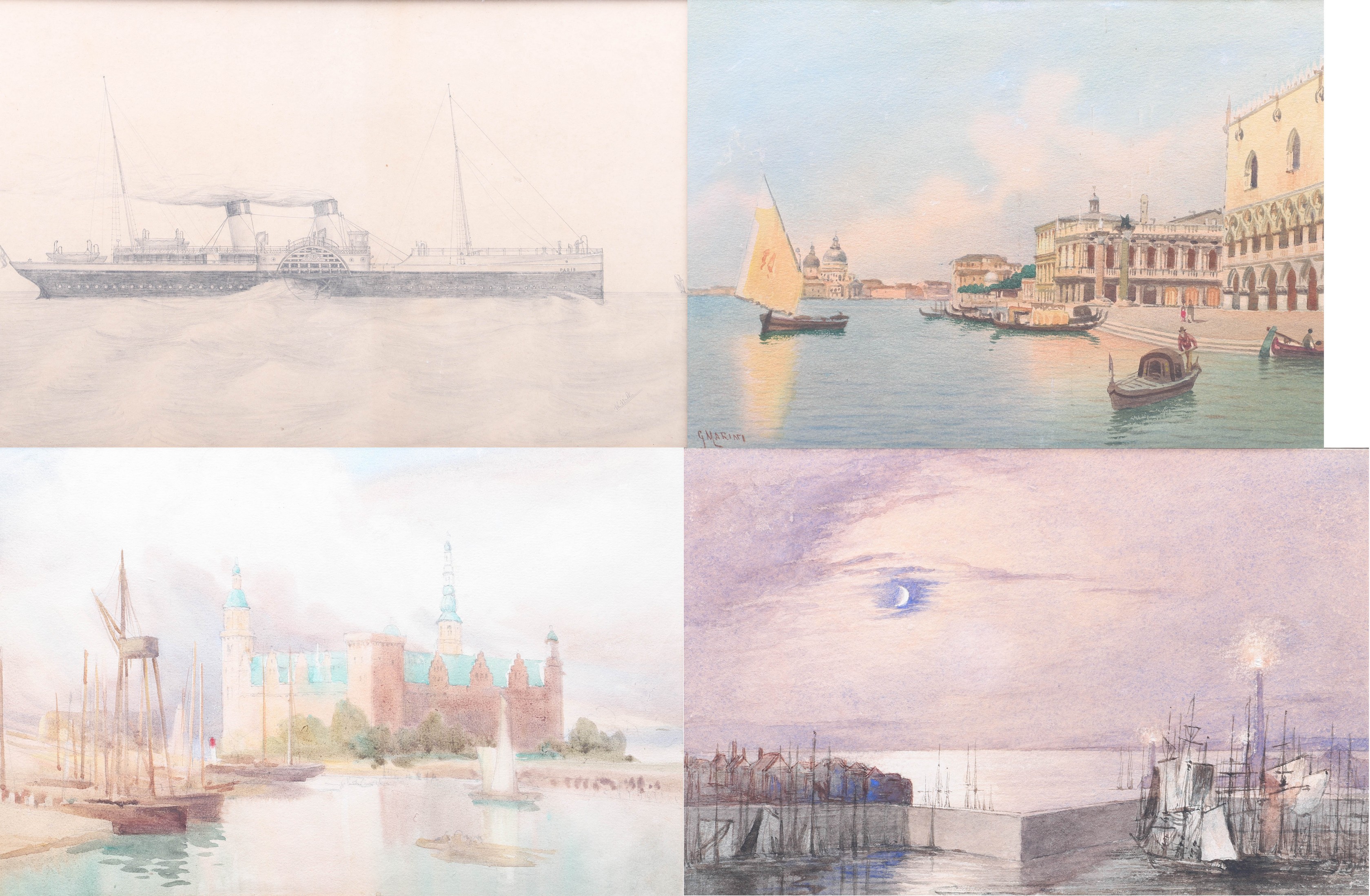 3 Watercolors & Steamship Drawing