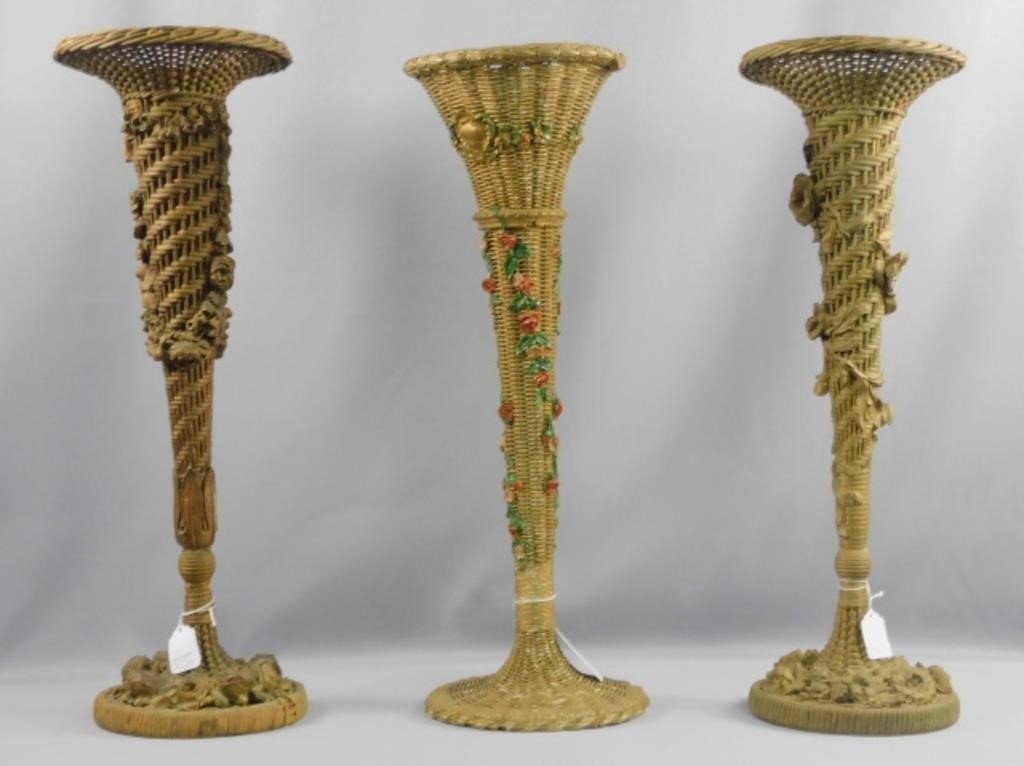 (3) WICKER TRUMPET-FORM VASES