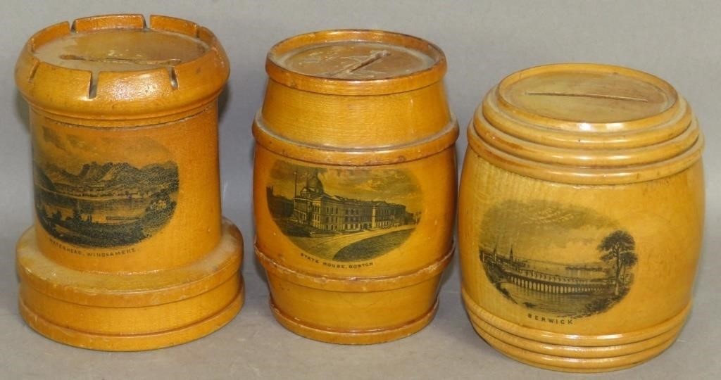 3 WOODEN MAUCHLINEWARE BANKSca.