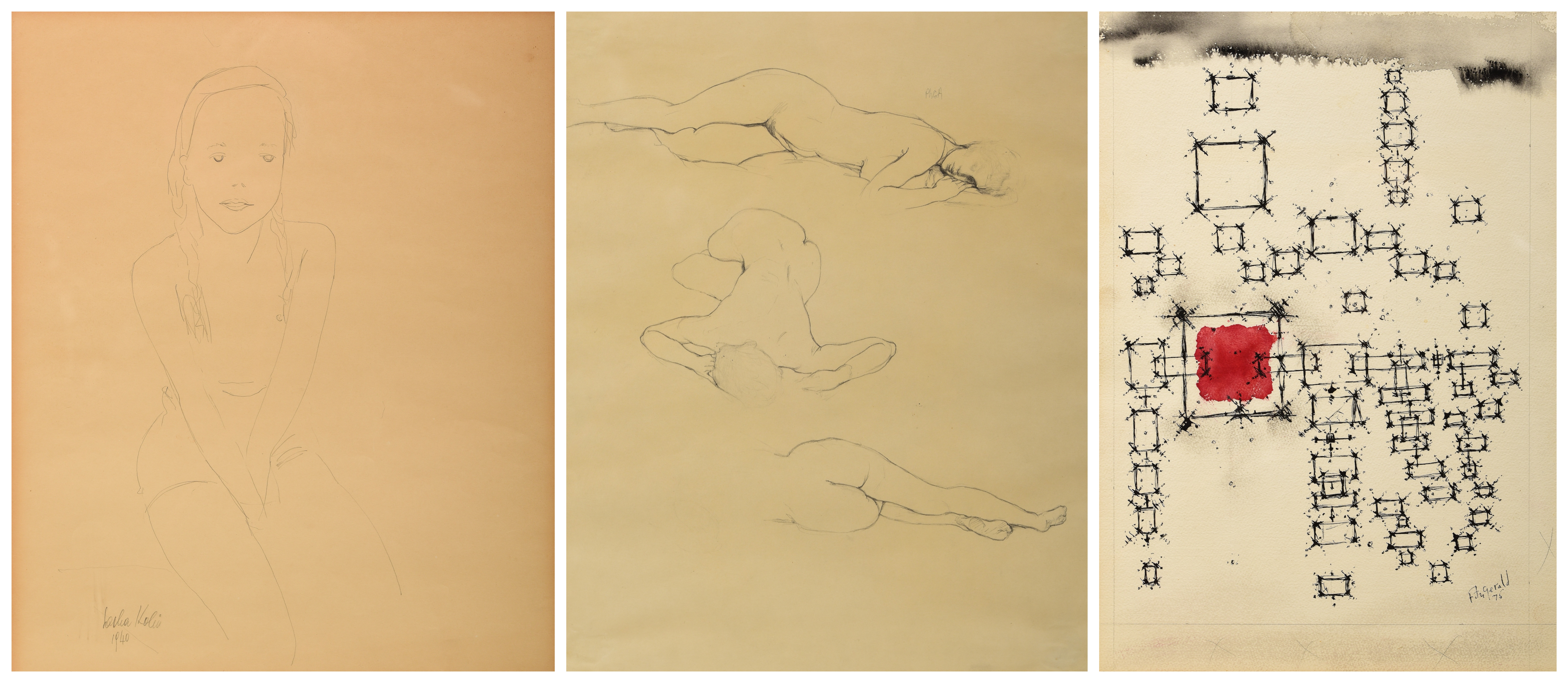 (3) Works on paper:  Seated girl,