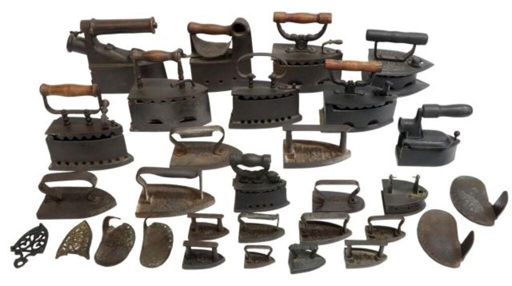 (30) CAST IRON BOX & FLAT IRONS,
