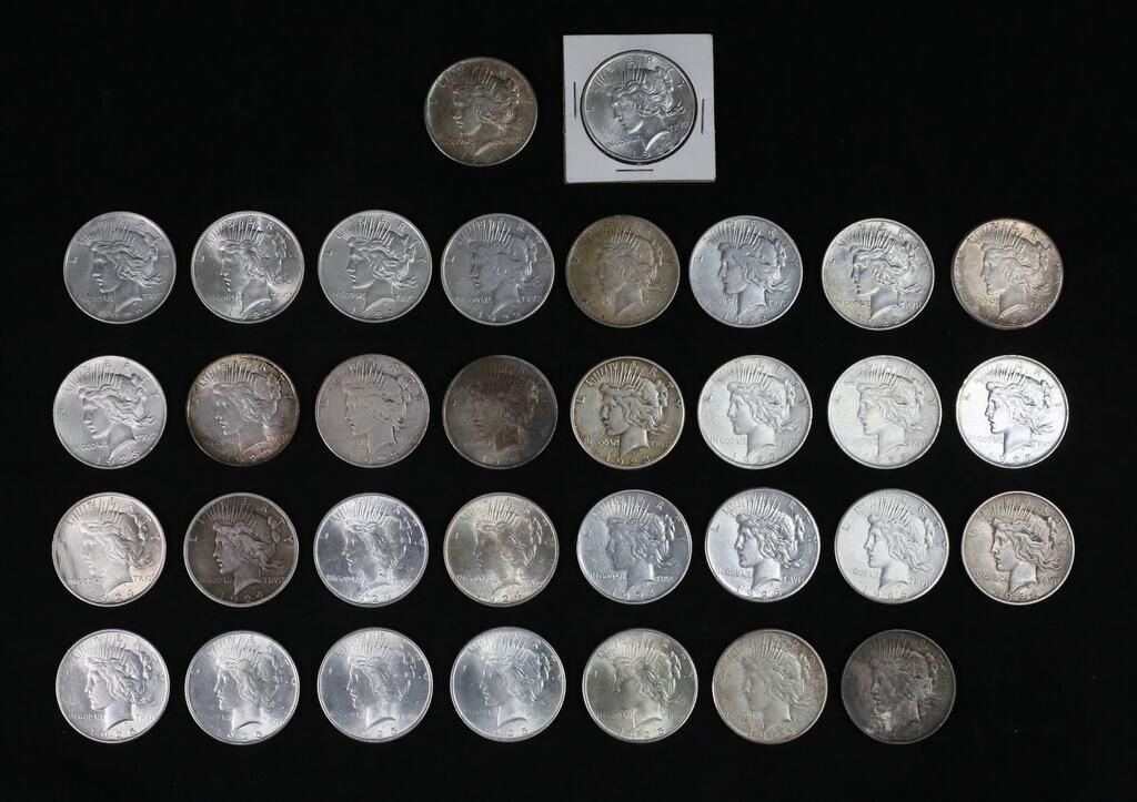 33 PEACE SILVER DOLLARS1-1921,